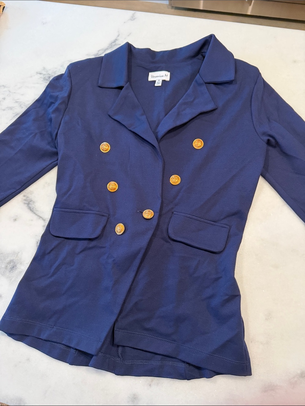 Veronica M Navy Double-Breasted Blazer with Gold Buttons